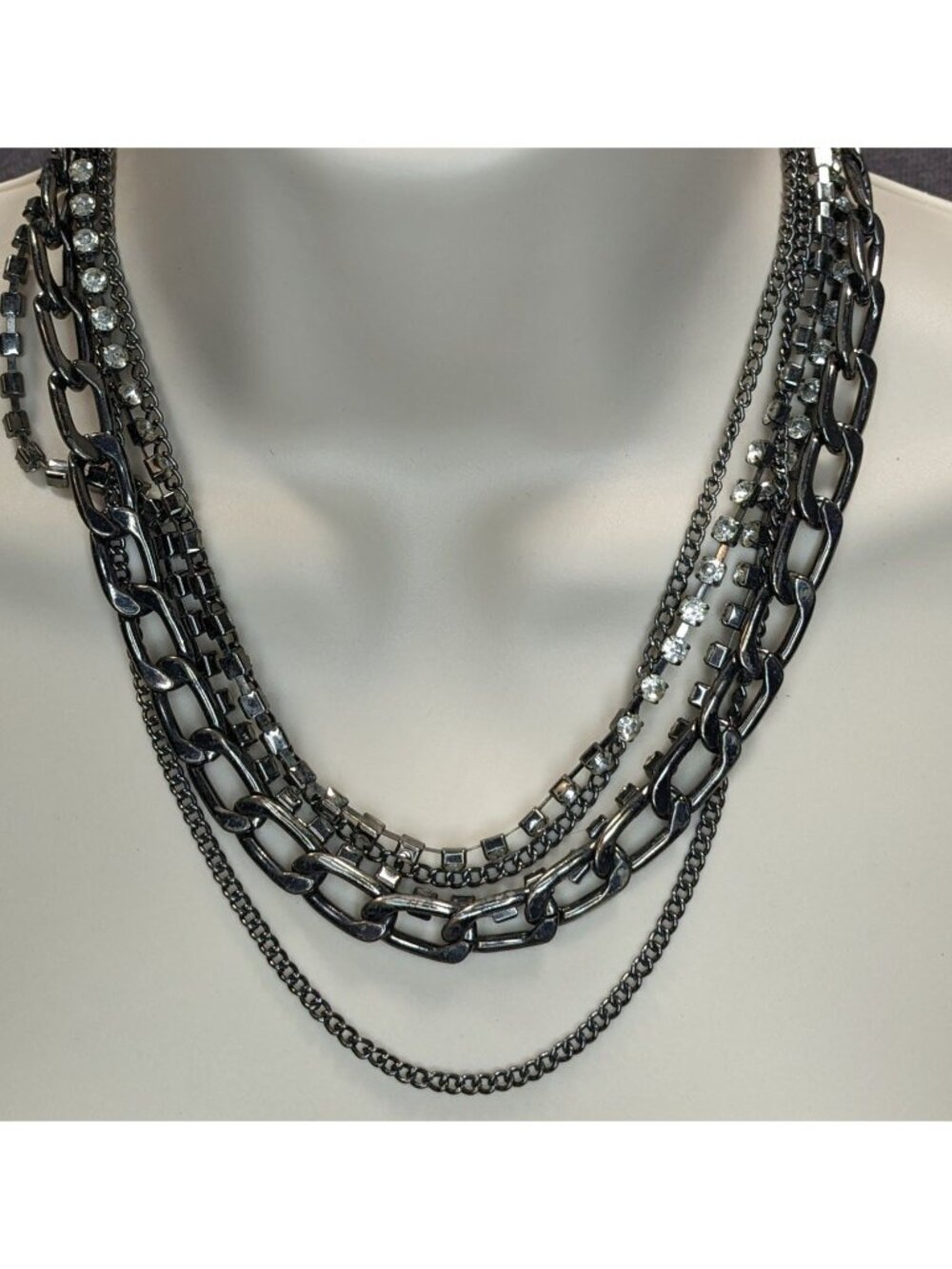 Vintage Robert Rose Glam Goth Multi-Strand Rhinestone & Metal Chain Necklace